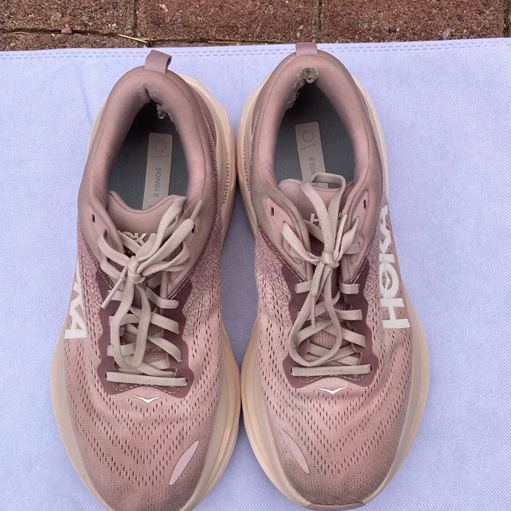 Hoka Bondi 8 Pink and Cream Athletic Shoes with Chunky Cushioning